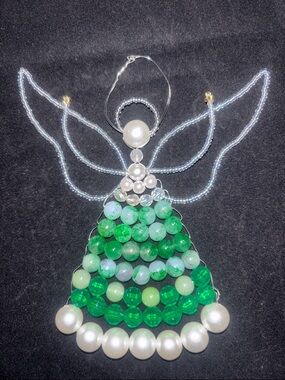 Green Beaded Angel Holiday Ornament, Handmade Pearlescent Accents